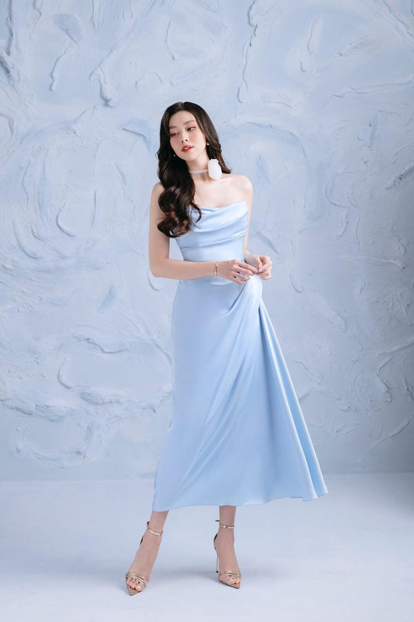 Minty Gathered Pleated Chest Silk Midi Dress