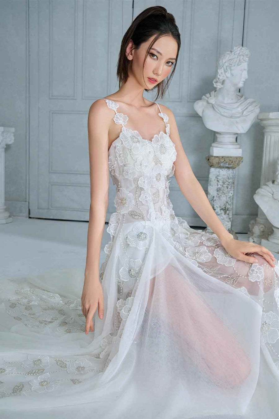 Mirina Mermaid See-Through Mesh Lace Floor Length Dress