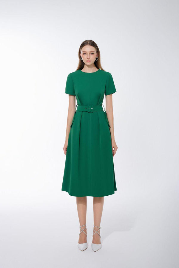 Miyeon A-line Round Neck Twill Midi Dress