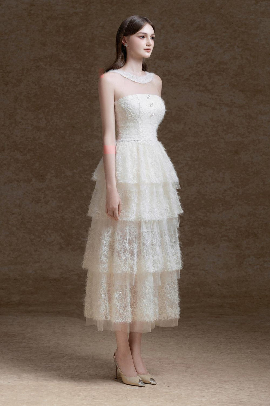 Miyu Layered Sleeveless Lace Midi Dress Nude Midi Dress Delicate