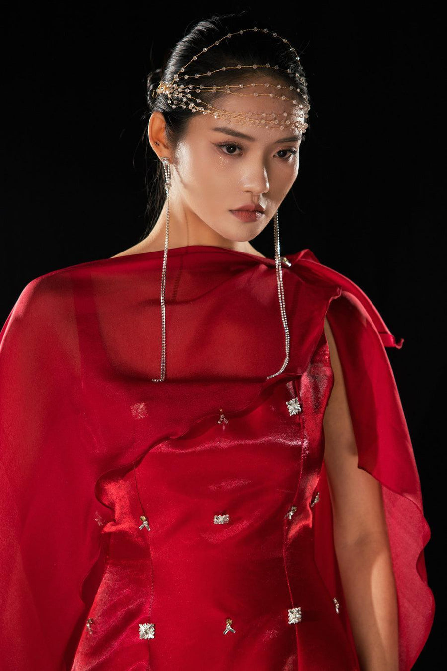 Morales A-line Cape Shoulder Taffeta Silk Floor Length Set 2