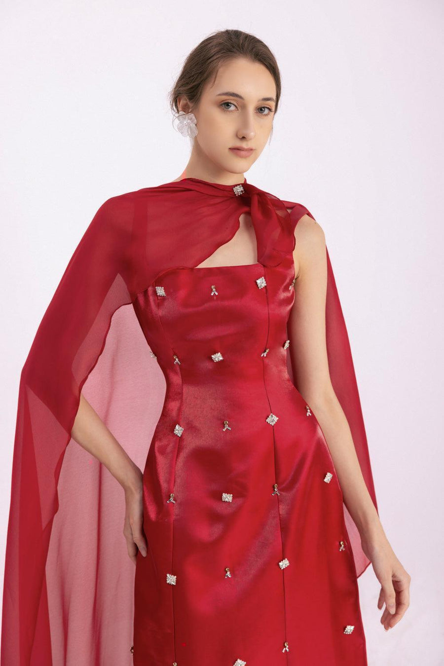 Morales A-line Cape Shoulder Taffeta Silk Floor Length Set 3