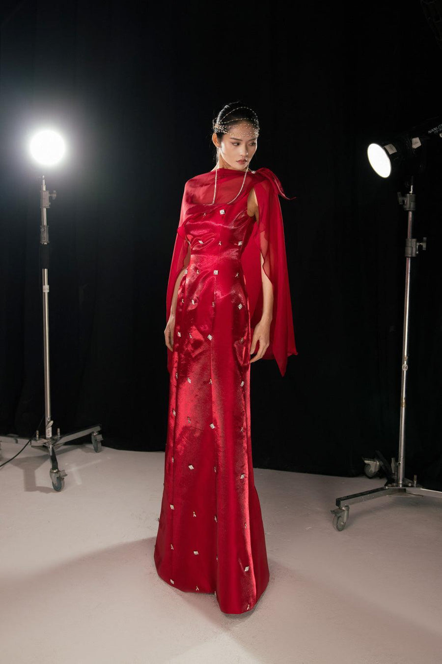 Morales A-line Cape Shoulder Taffeta Silk Floor Length Set 4