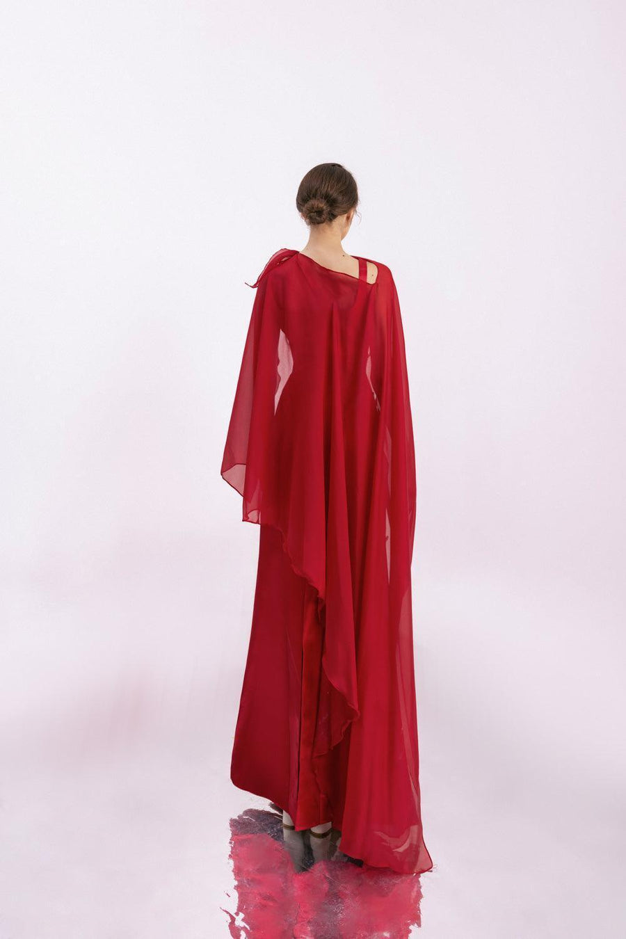 Morales A-line Cape Shoulder Taffeta Silk Floor Length Set 5