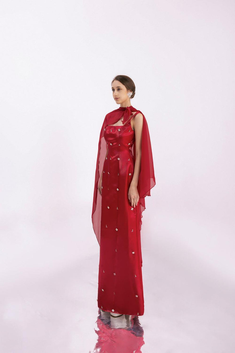 Morales A-line Cape Shoulder Taffeta Silk Floor Length Set 6