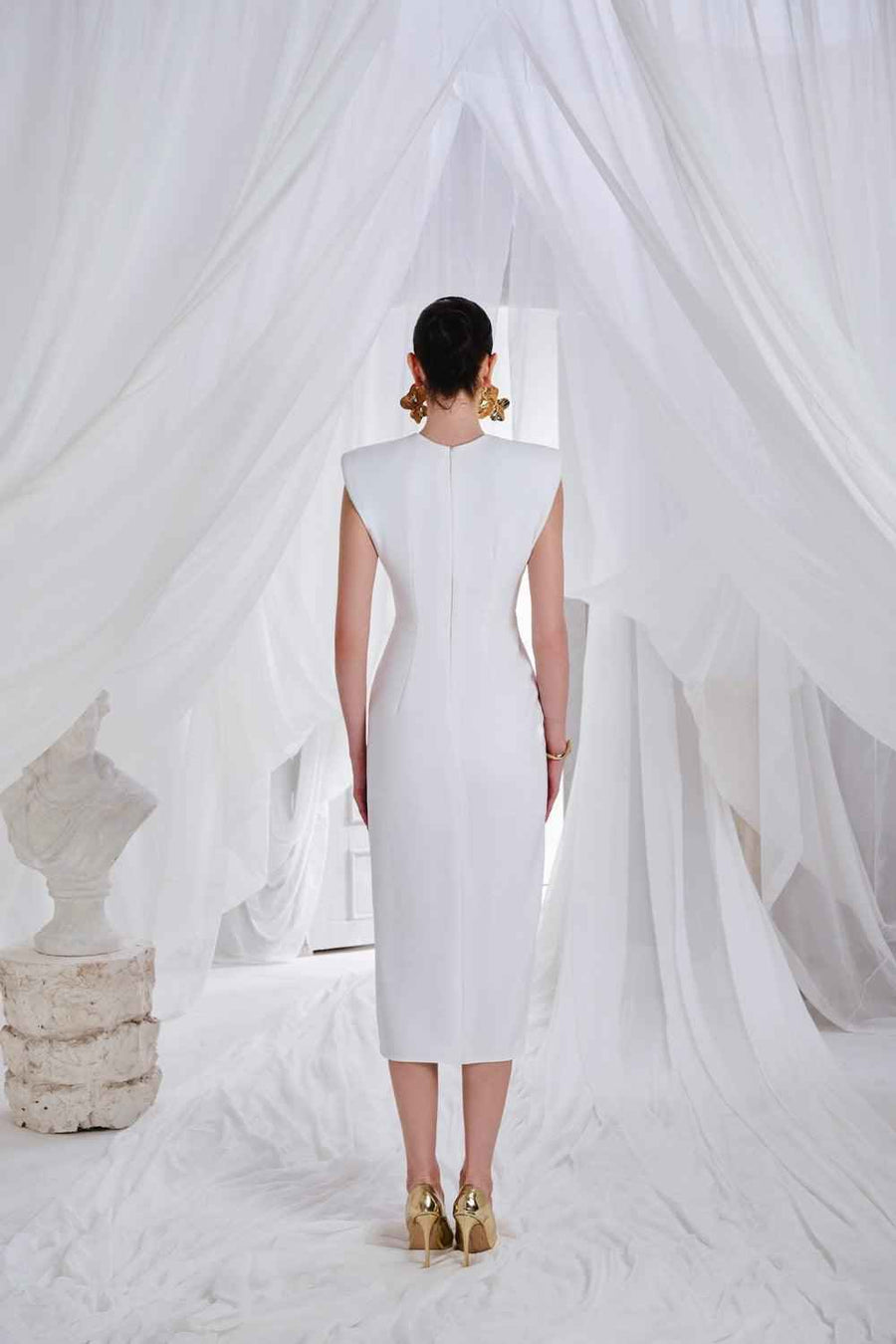 Moreno Sheath Queen Anne Neck Synthetic Midi Dress
