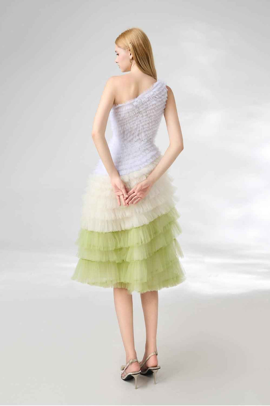 Murphy A-line One Shoulder Organza Below The Knee Dress