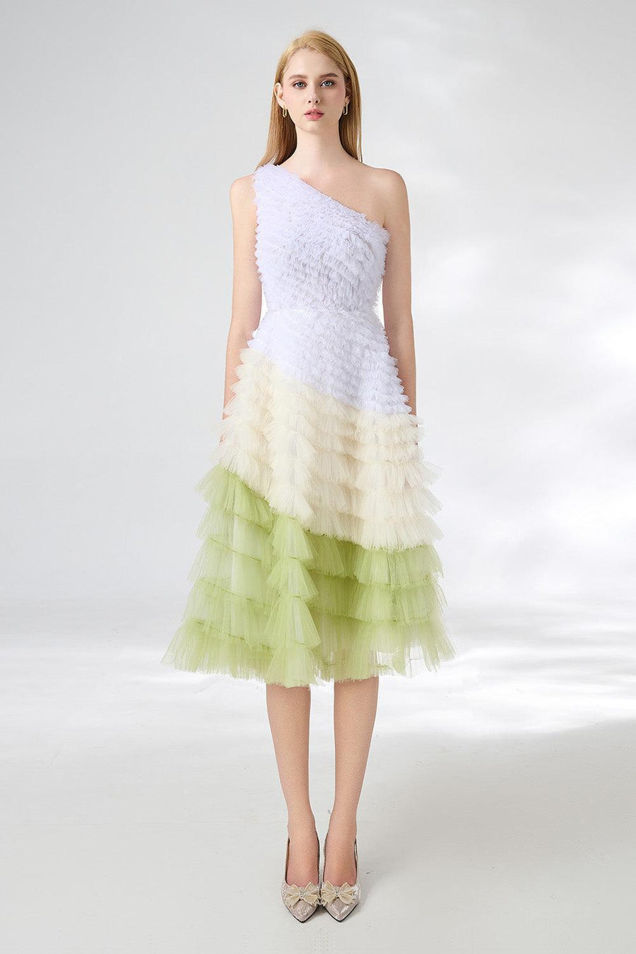 Murphy A-line One Shoulder Organza Below The Knee Dress 6