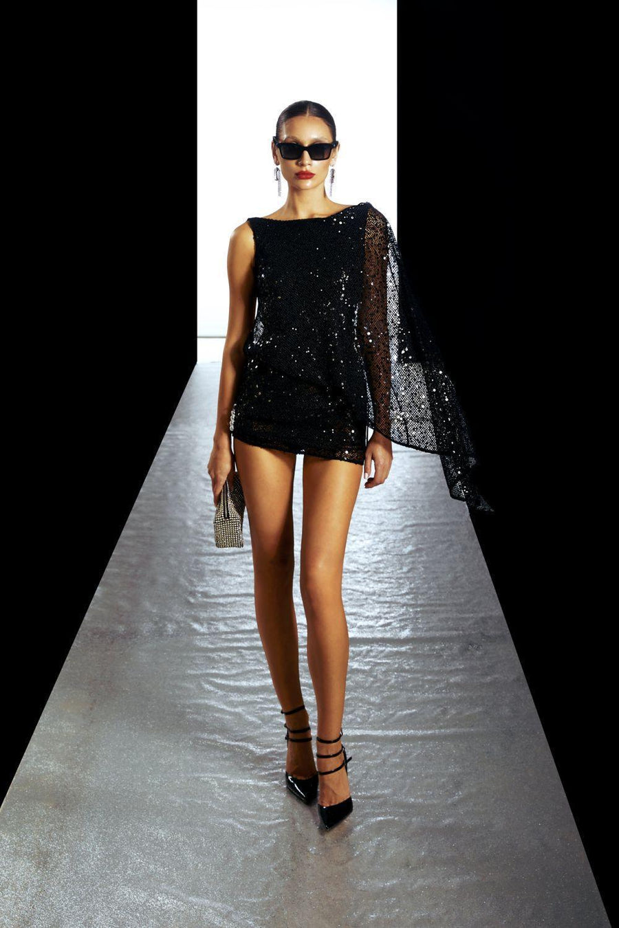 Myla Bodycon Asymmetric Sleeved Mesh Sequin Mini Dress Mini Dress LASSY