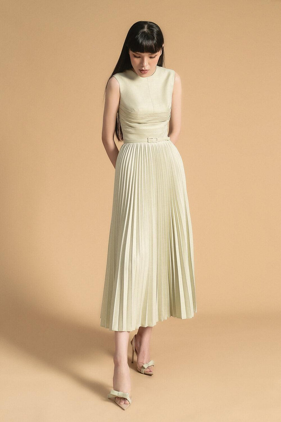 Nancy Pleated Sleeveless Polyester Midi Dress Midi Dress Maison des Copains