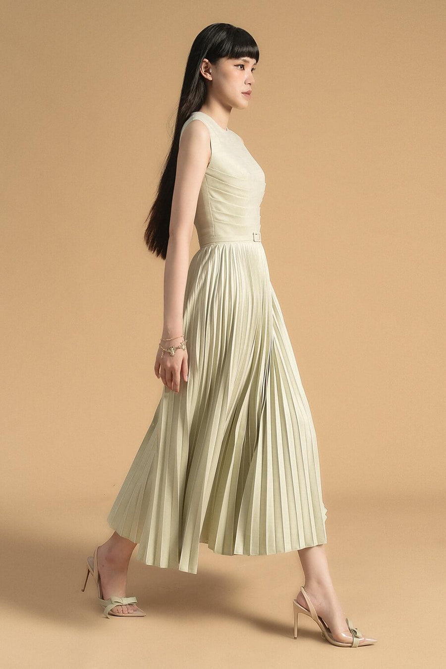 Nancy Pleated Sleeveless Polyester Midi Dress Midi Dress Maison des Copains
