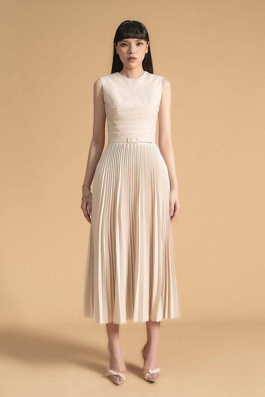 Nancy Pleated Sleeveless Polyester Midi Dress Beige Midi Dress Maison des Copains