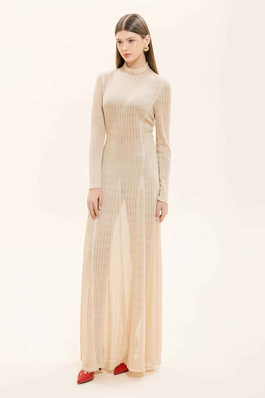 Naomi A-line Long Sleeved Knitted Fabric Floor Length Dress