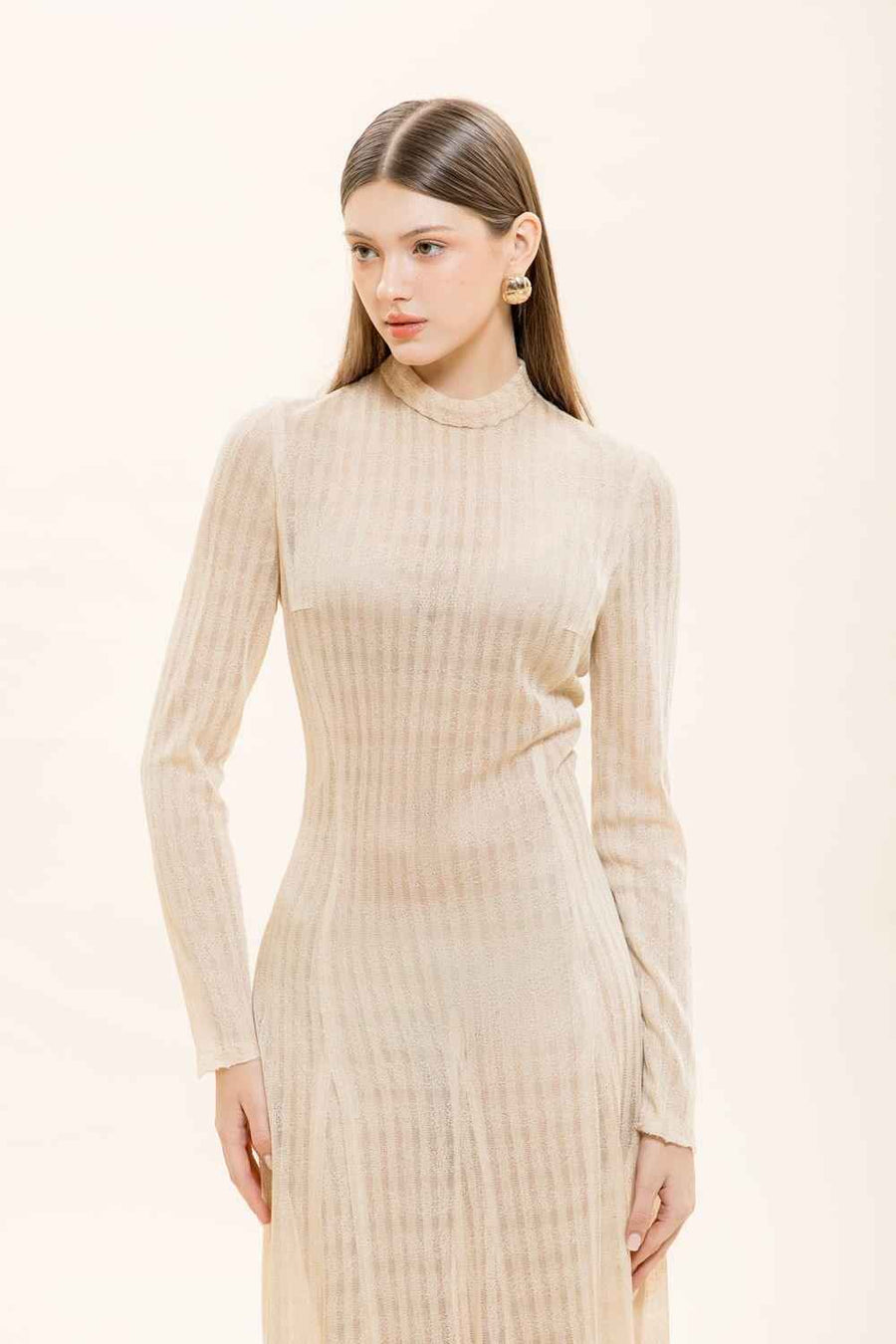 Naomi A-line Long Sleeved Knitted Fabric Floor Length Dress