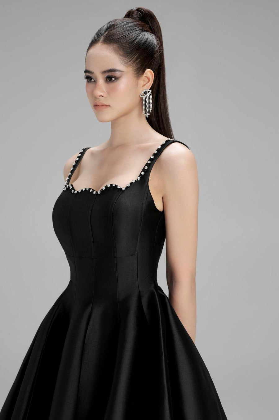 Naomi Fit and Flare Square Neck Taffeta Mini Dress Black Mini Dress Cordia