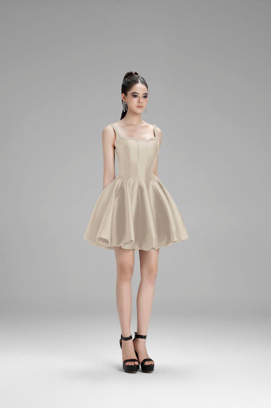 Naomi Fit and Flare Square Neck Taffeta Mini Dress Nude Mini Dress Cordia
