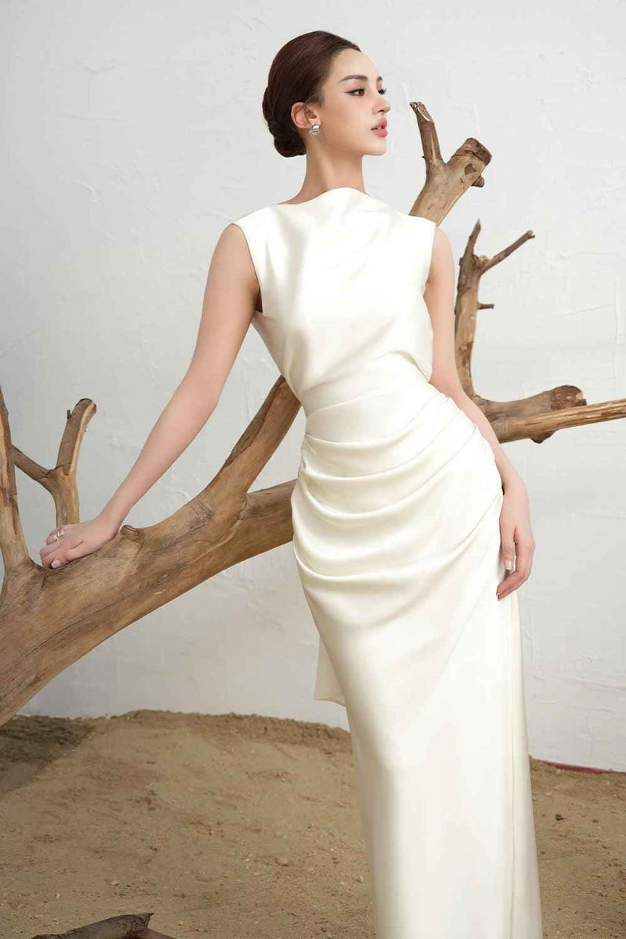 Nara Sheath Back Slit Silk Blend Floor Length Dress