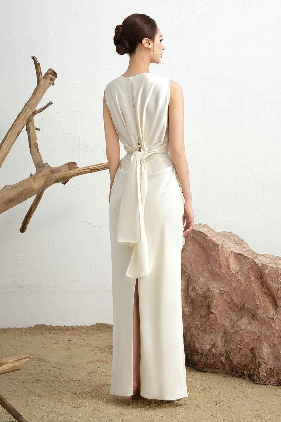 Nara Sheath Back Slit Silk Blend Floor Length Dress