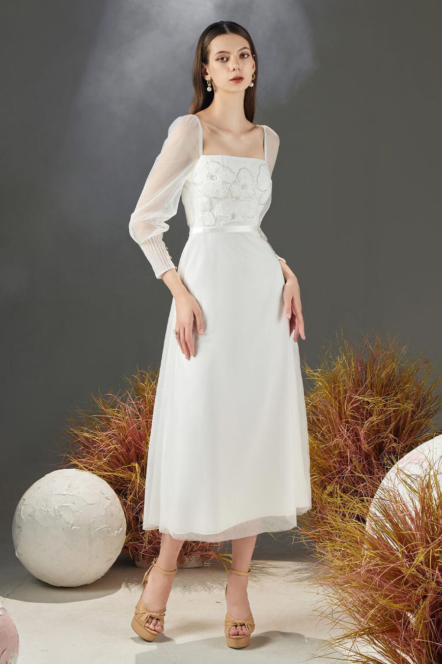 Natalie A-line Square Neck Organza Midi Dress 1