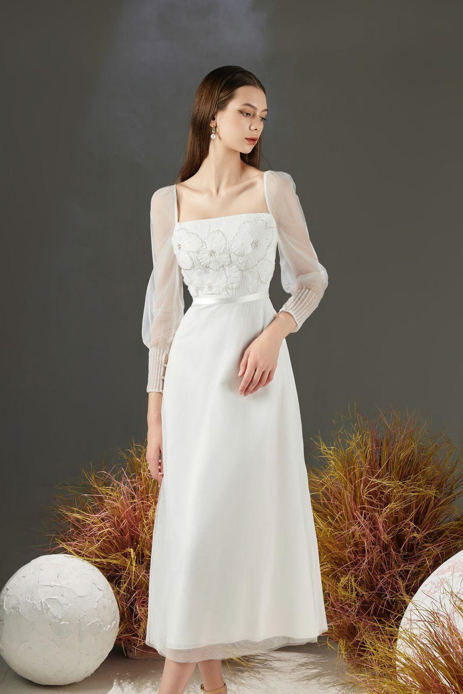 Natalie A-line Square Neck Organza Midi Dress 2
