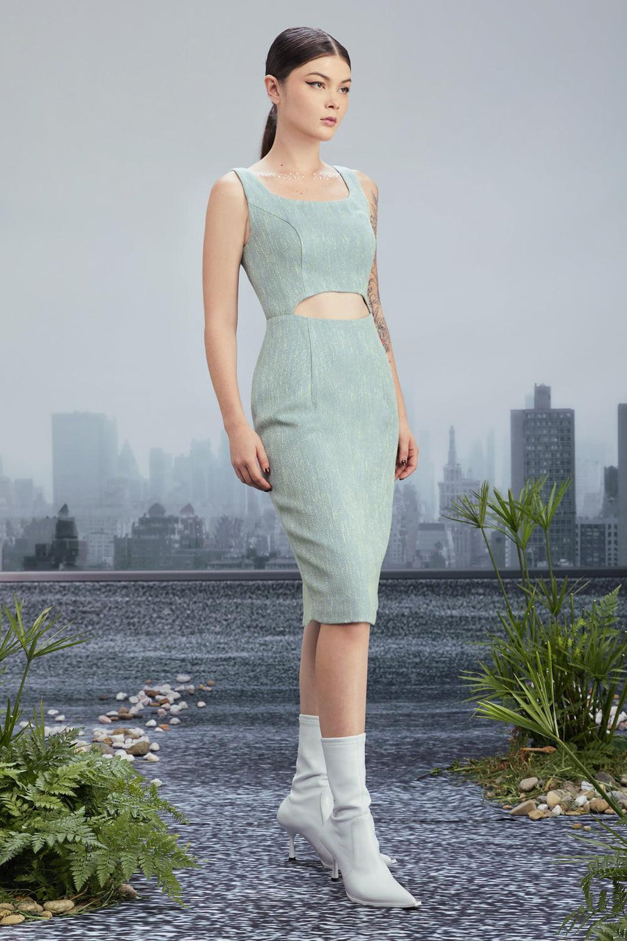 New Vintage Pencil Square Neck Tweed Knee-length Dress 1