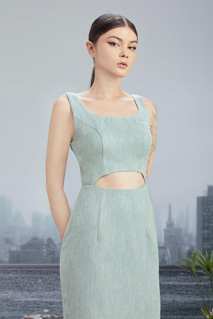 New Vintage Pencil Square Neck Tweed Knee-length Dress 2