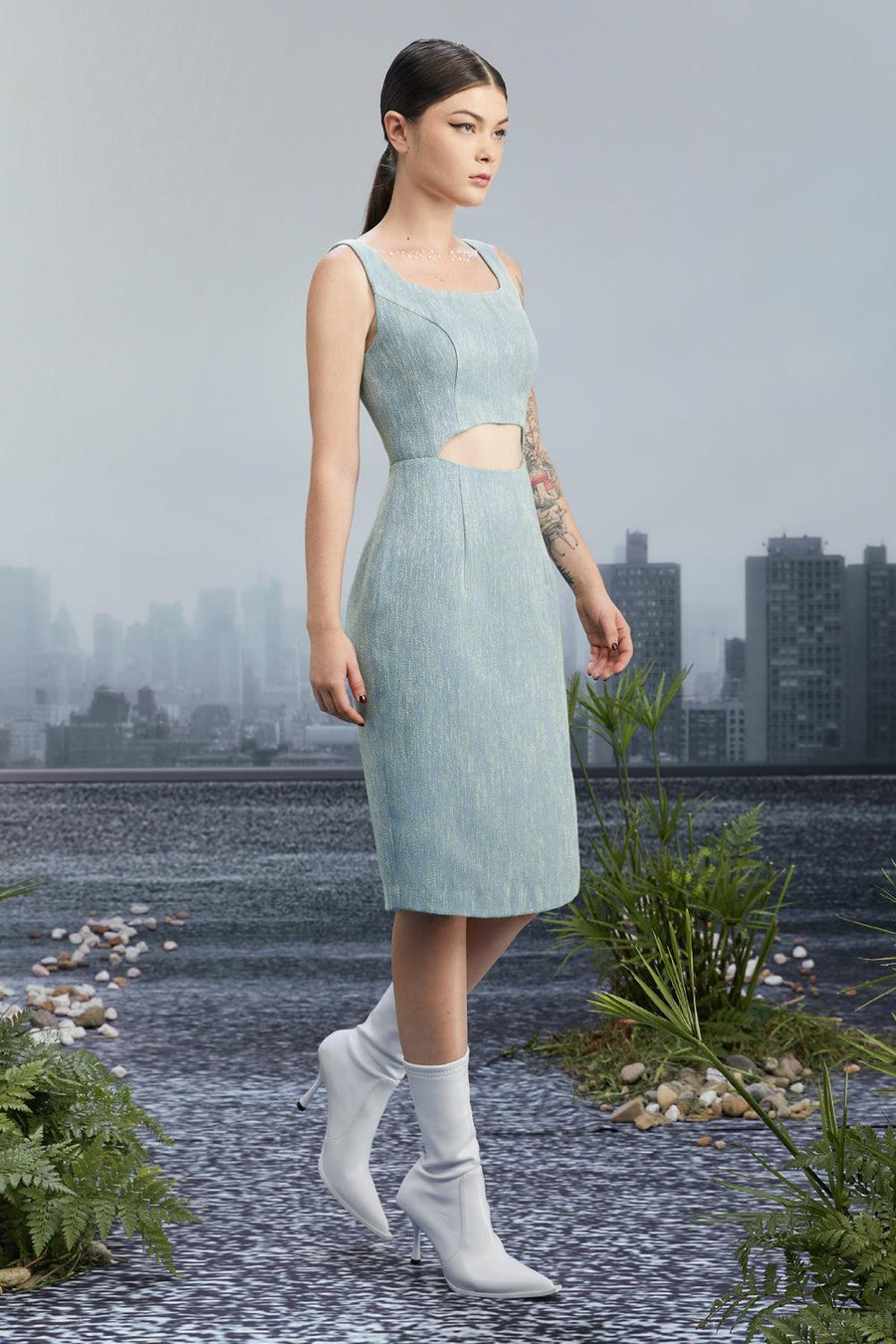 New Vintage Pencil Square Neck Tweed Knee-length Dress 3