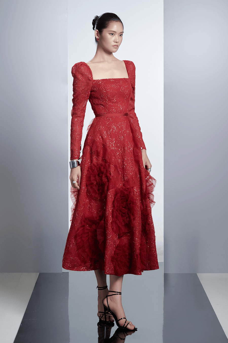 Rosewood Fit and Flare Flower Applique Polyester Midi Dress 4