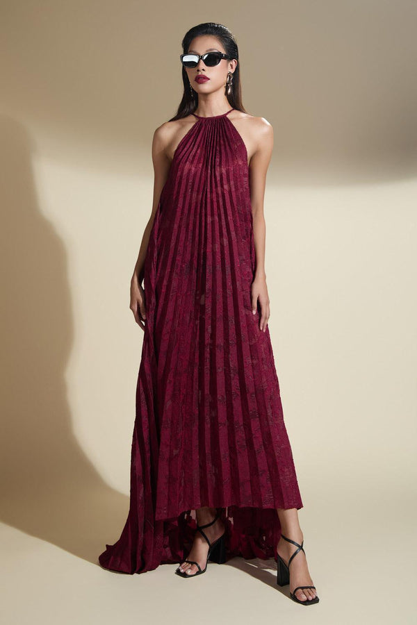 Nicole Halter Pleated Brocade Maxi Dress