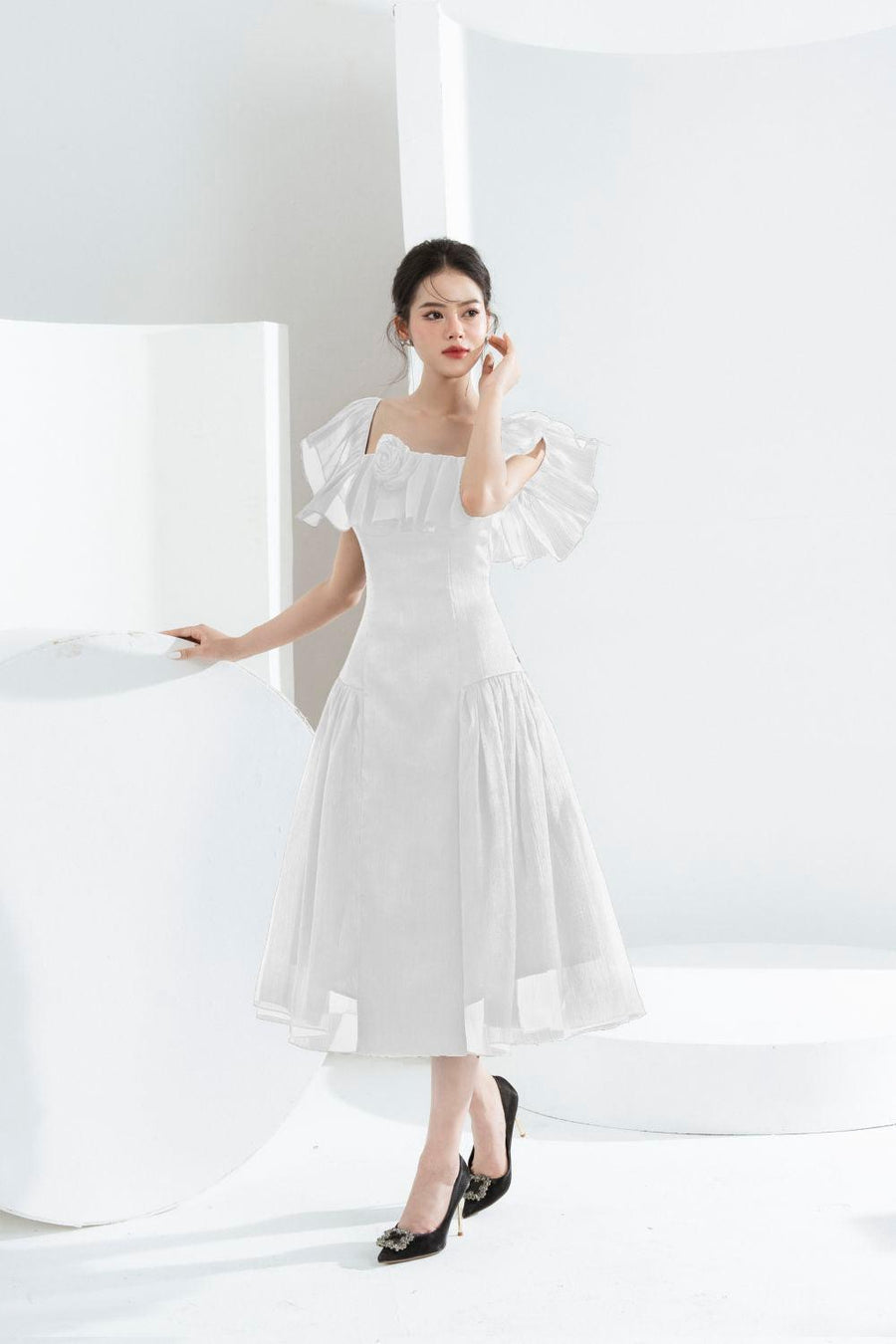 Nikita A-line Square Neck Chiffon Midi Dress White Midi Dress Cordia