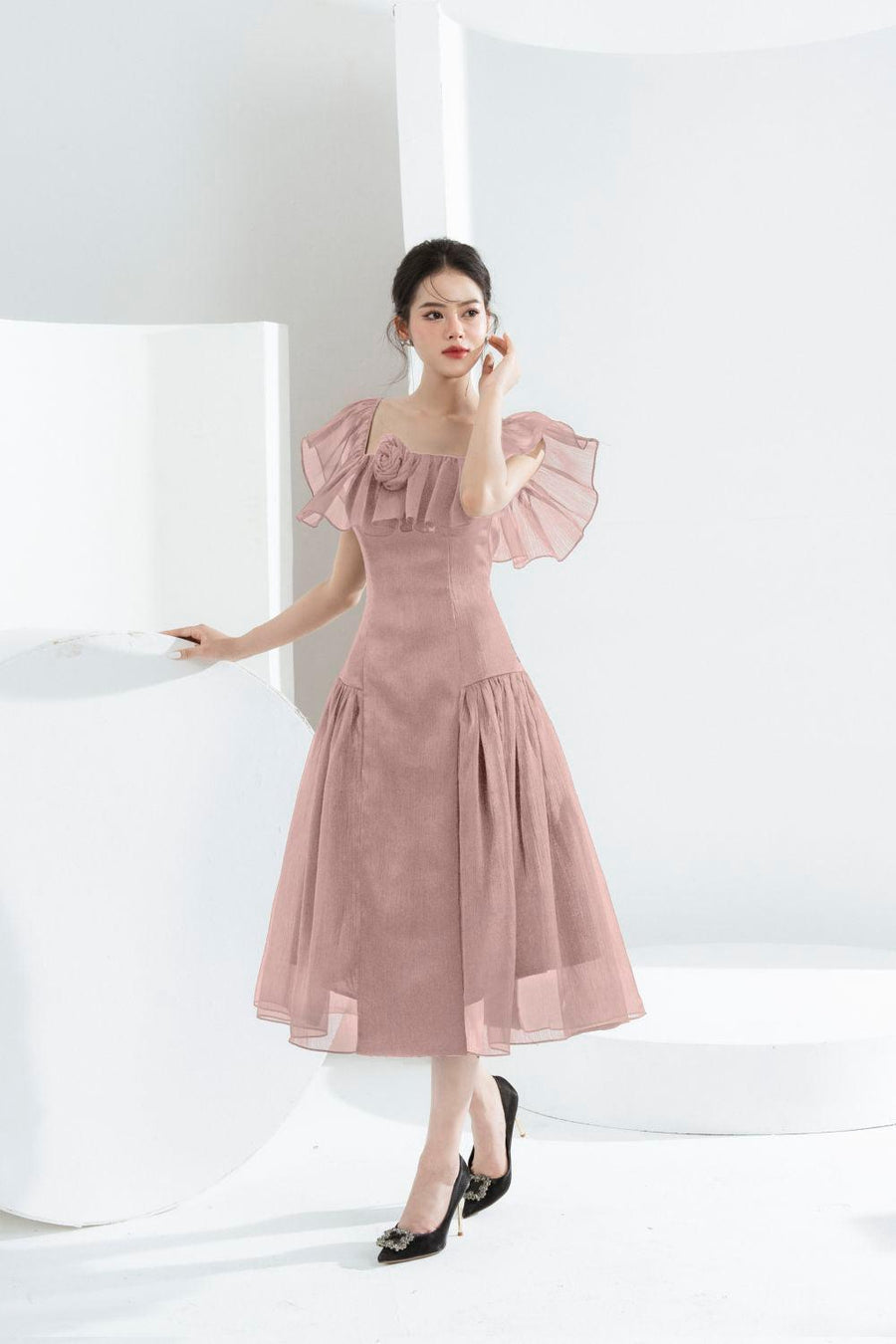 Nikita A-line Square Neck Chiffon Midi Dress Pink Midi Dress Cordia