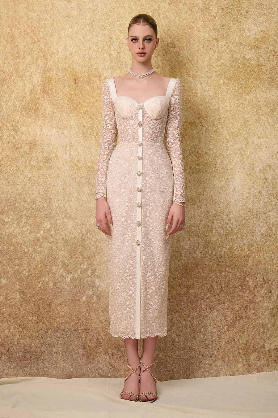 Noble Sheath Single Breasted Lace Midi Dress Midi Dress Calista de Minh Thanh