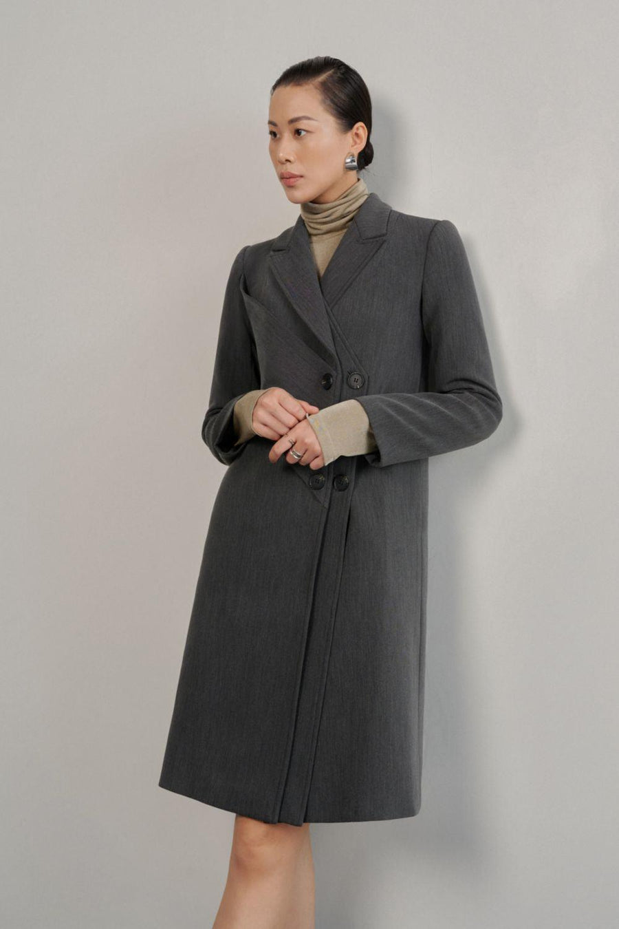 Noemi Straight Notch Lapel Cotton Knee-length Trench Coat Grey Trench Coat Eegen Studio