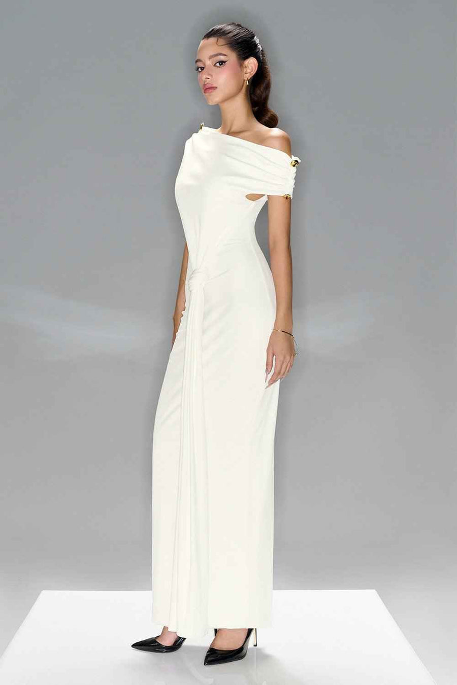 Noir Bodycon Diagonal Neck Spandex Maxi Dress White Maxi Dress LaLING