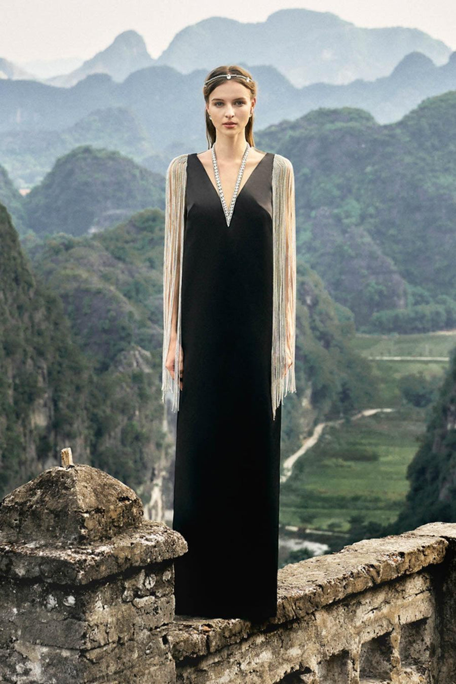 Nomad Straight V-Neck Silk Floor Length Dress 6
