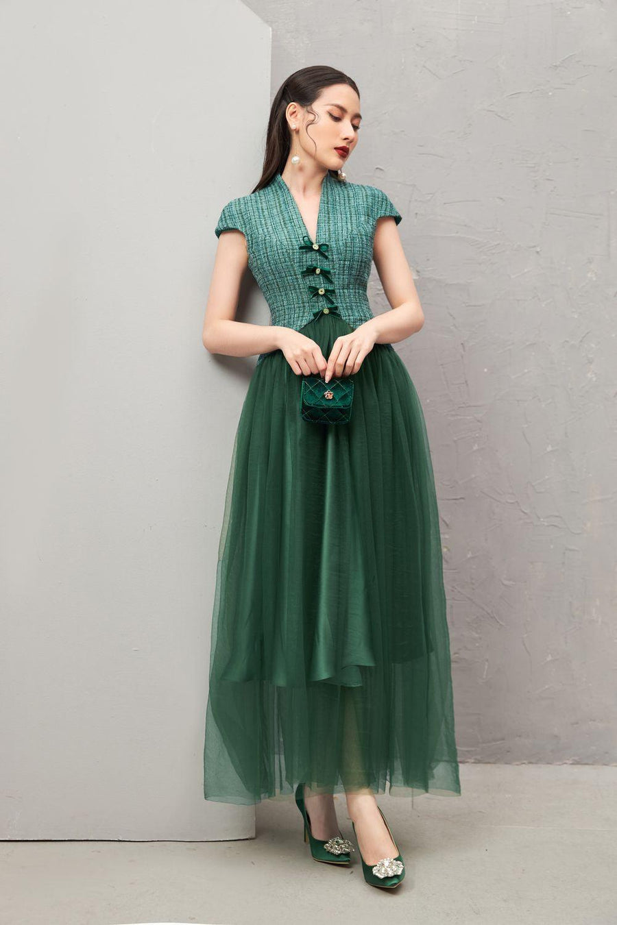 Nomi Gathered V-Neck Tweed Ankle Length Dress 18