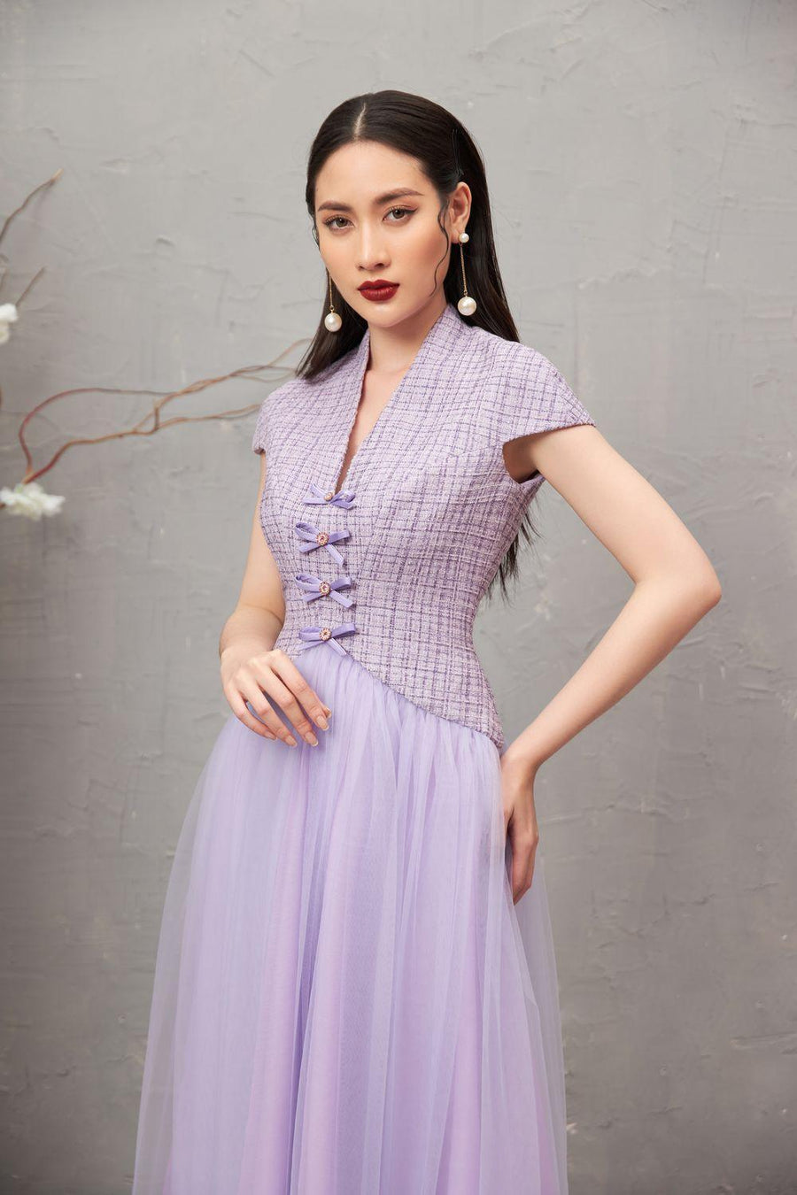 Nomi Gathered V-Neck Tweed Ankle Length Dress 3