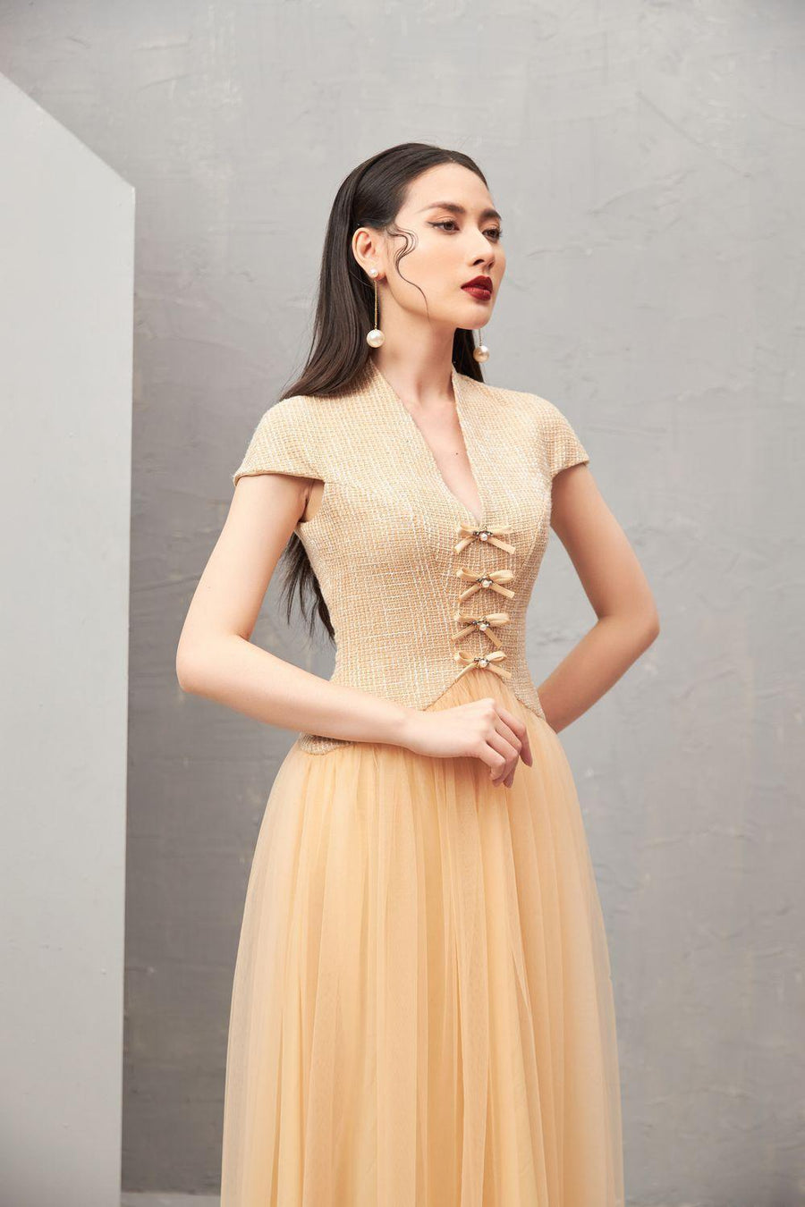 Nomi Gathered V-Neck Tweed Ankle Length Dress 22