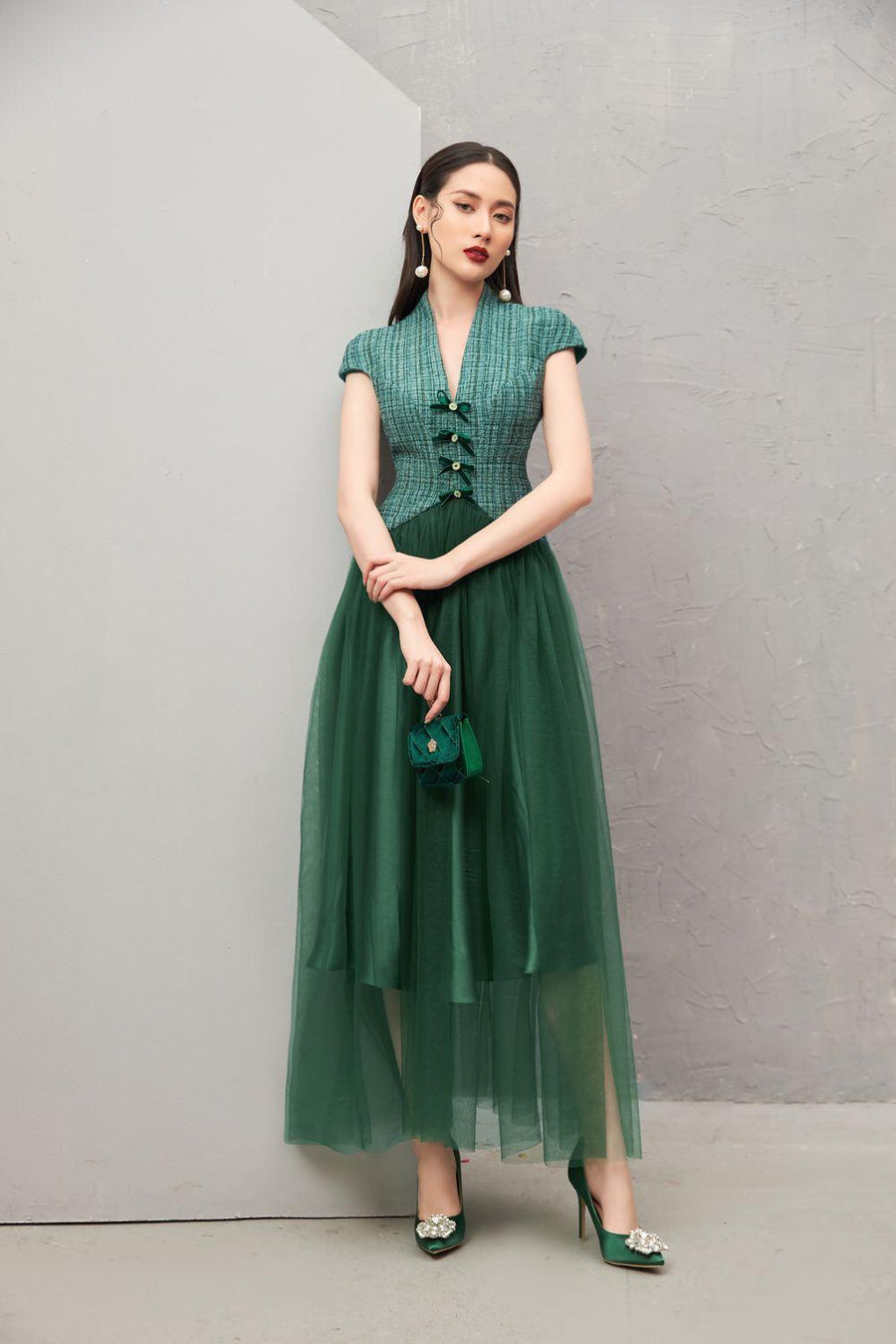 Nomi Gathered V-Neck Tweed Ankle Length Dress 13