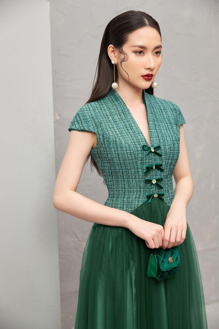 Nomi Gathered V-Neck Tweed Ankle Length Dress 14