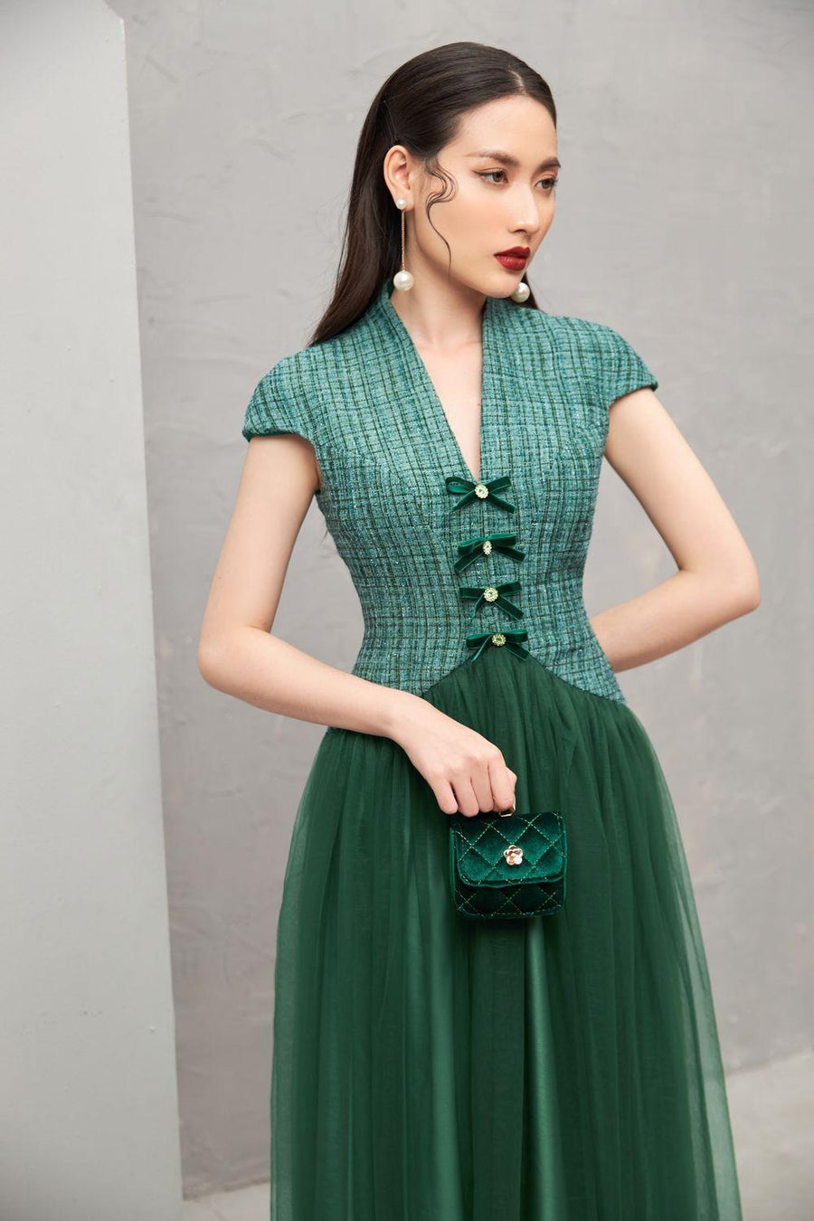 Nomi Gathered V-Neck Tweed Ankle Length Dress 15
