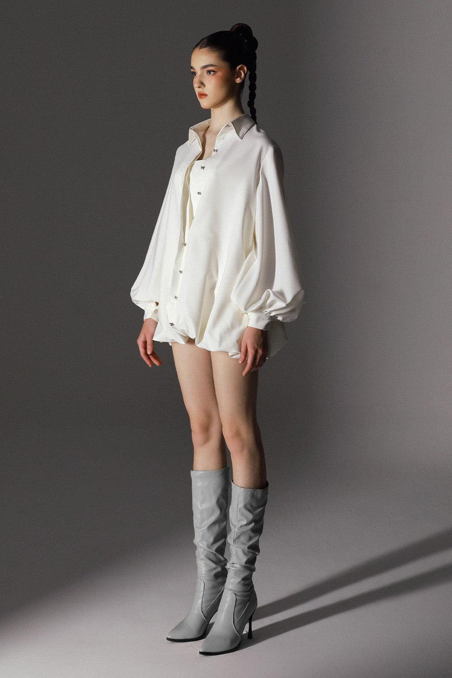 Novella Bubble Puffy Sleeved Wool Cotton Mini Dress 1