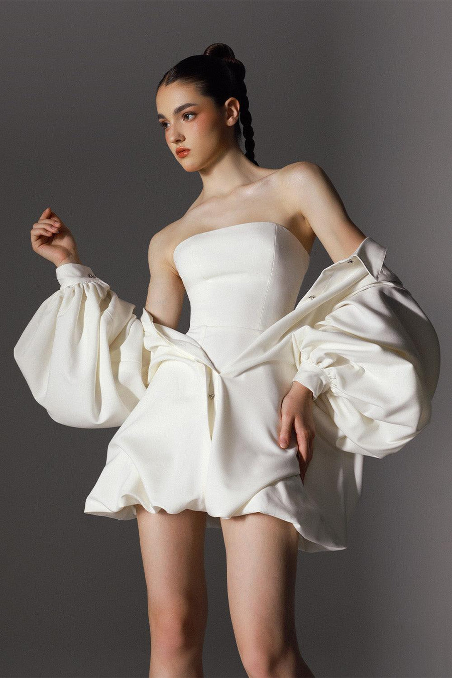 Novella Bubble Puffy Sleeved Wool Cotton Mini Dress 4