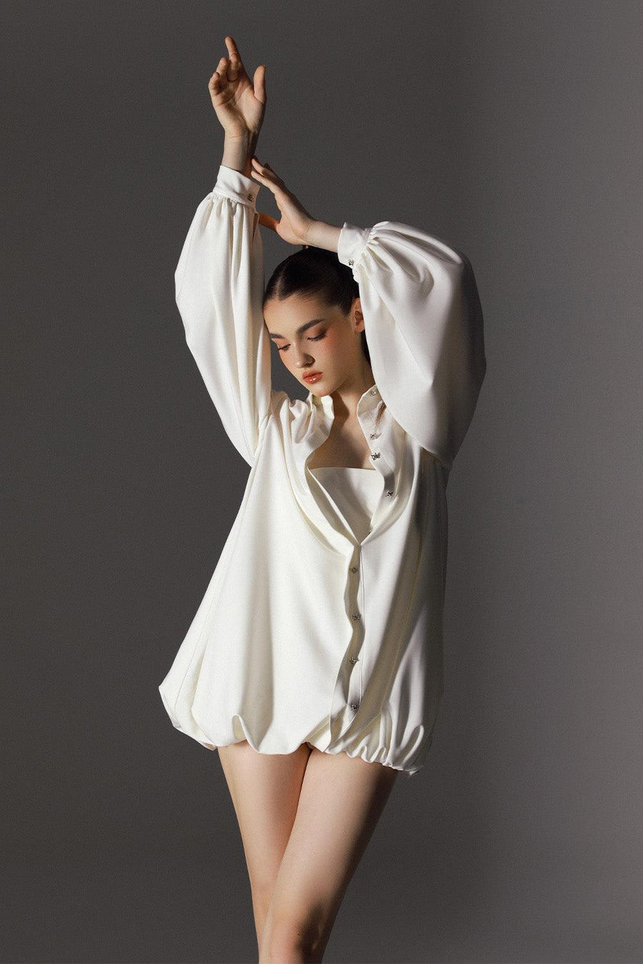 Novella Bubble Puffy Sleeved Wool Cotton Mini Dress 5
