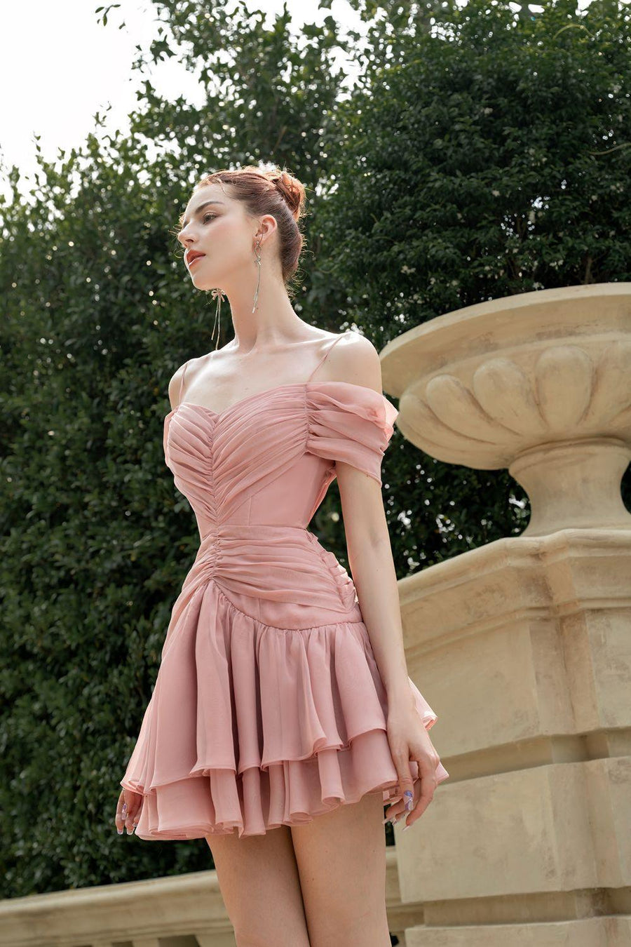 Nuances A-line Cold Shoulder Sleeved Silk Mini Dress Mini Dress Calista de Minh Thanh