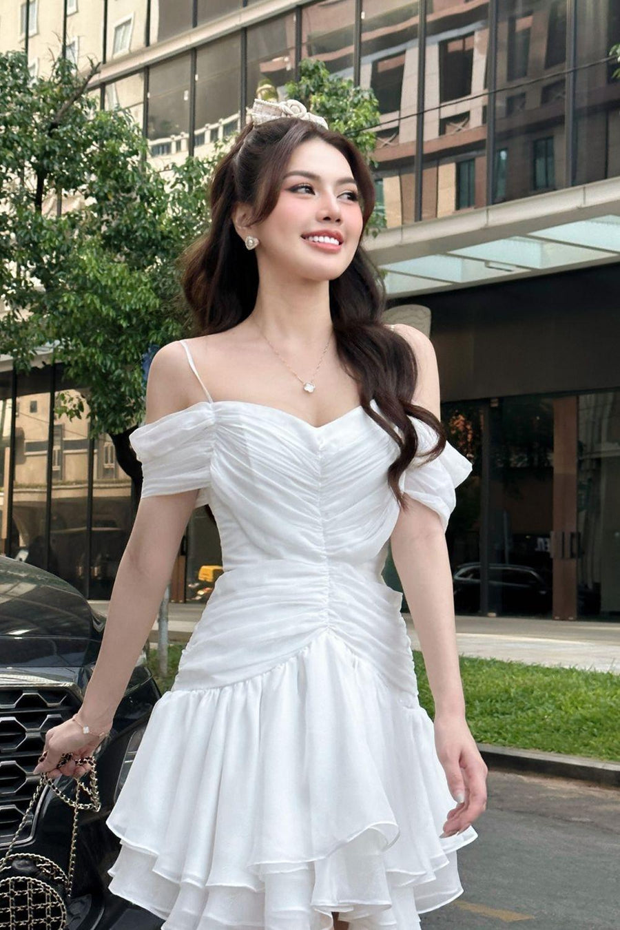 Nuances A-line Cold Shoulder Sleeved Silk Mini Dress White Mini Dress Calista de Minh Thanh