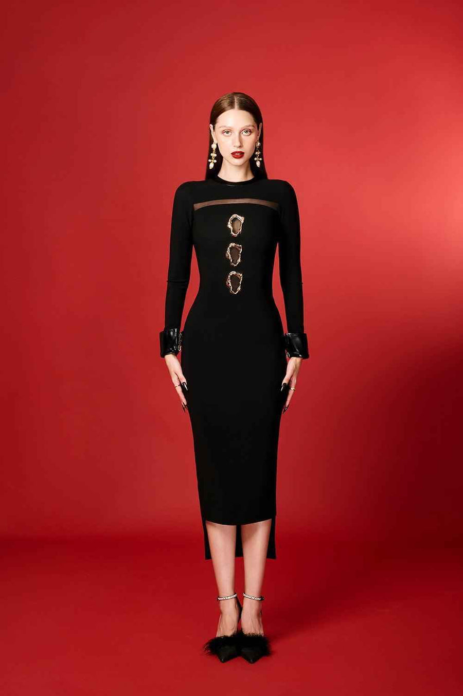 Nyxa Bodycon Long Sleeved Cotton Blend Midi Dress