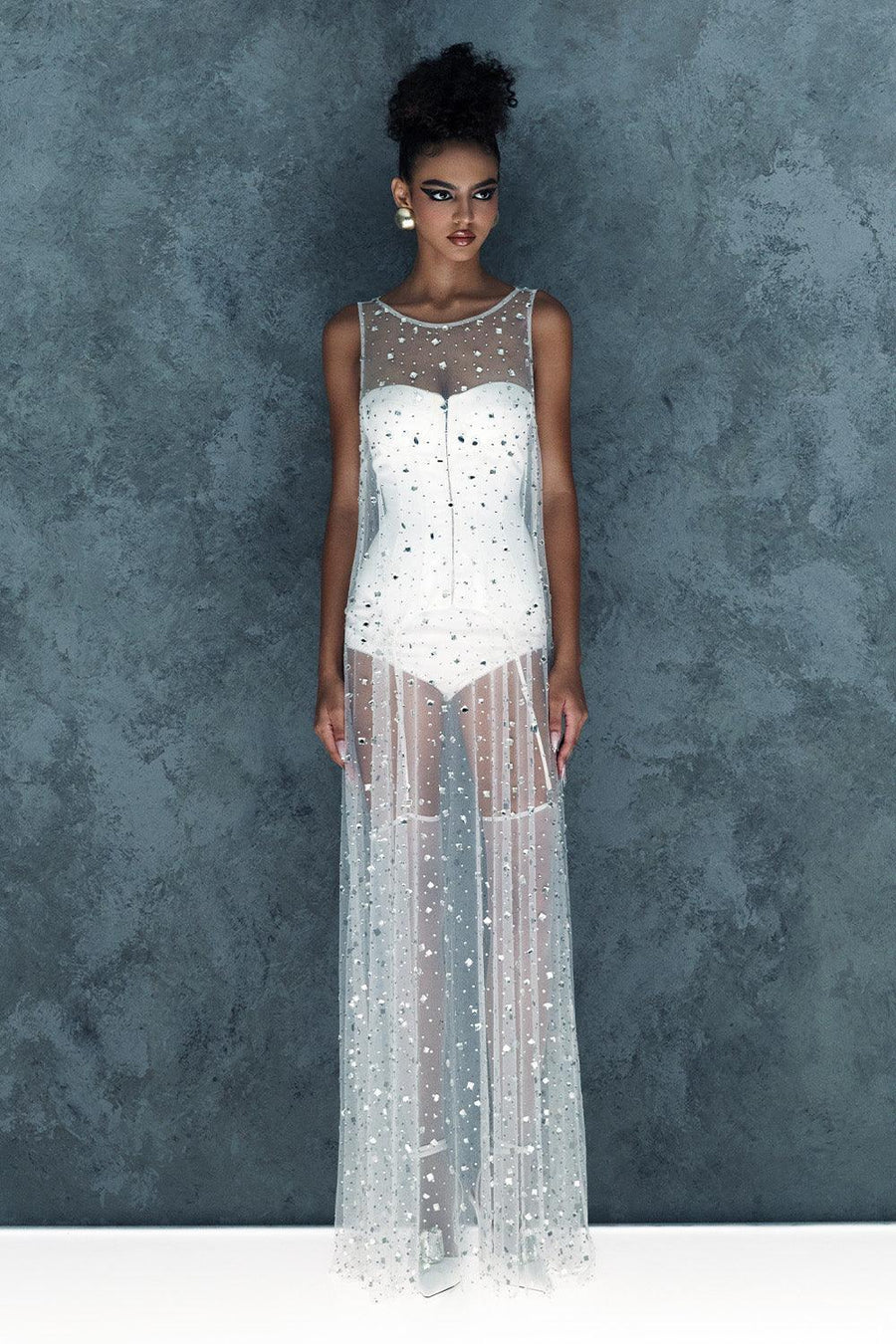 Nyxia Straight Sleeveless Mesh Floor Length Dress White Maxi Dress CEM