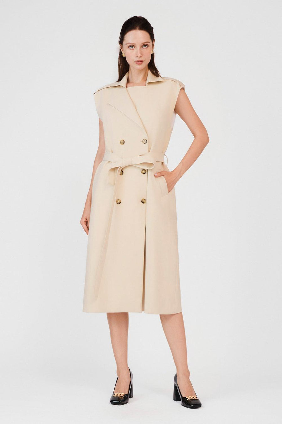 Oaklee Wrap Double Breasted Khaki Calf Length Dress 6