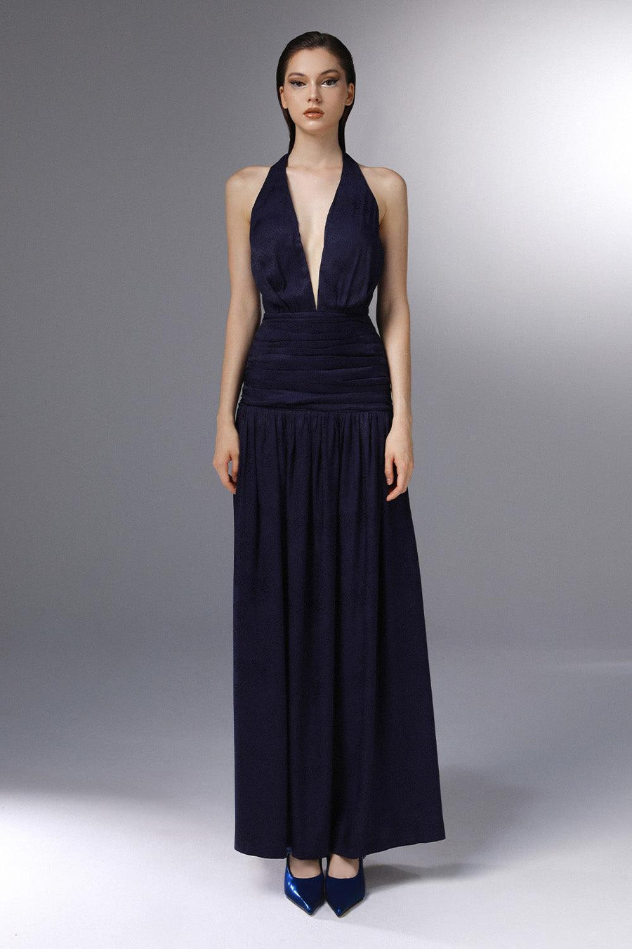 Odyssey Halter Gathered Silk Ankle Length Dress 1